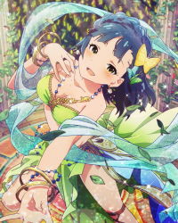 Rule 34 | 10s, 1girl, blue hair, bracelet, butterfly hair ornament, earrings, hair ornament, idolmaster, idolmaster million live!, jewelry, leaf, looking at viewer, lots of jewelry, nanao yuriko, official art, short hair, smile, yellow eyes