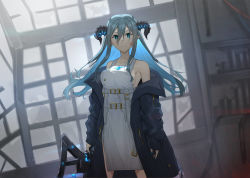 Rule 34 | 1girl, black coat, black horns, blue hair, blue nails, breasts, broken window, closed mouth, coat, colored inner hair, cowboy shot, demon horns, dress, dutch angle, frown, green eyes, grey hair, grey sky, hair between eyes, highres, holding, holding sword, holding weapon, horns, indoors, large breasts, long hair, long sleeves, looking at viewer, multicolored hair, nail polish, off shoulder, open clothes, open coat, original, pointy ears, raitho, short dress, sky, sleeveless, sleeveless dress, solo, standing, sword, weapon, white dress, window