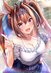Rule 34 | 1girl, :d, animal ears, bad id, bad twitter id, bare shoulders, breasts, brown hair, cleavage, daiwa scarlet (umamusume), day, dutch angle, fang, hair intakes, halter shirt, halterneck, horse ears, horse girl, index finger raised, izumi akane, large breasts, long hair, looking at viewer, off-shoulder shirt, off shoulder, open mouth, outdoors, plaid, plaid skirt, pointing, puffy short sleeves, puffy sleeves, red eyes, revision, shirt, short sleeves, skirt, smile, solo, sunlight, tiara, twintails, umamusume, very long hair, white shirt