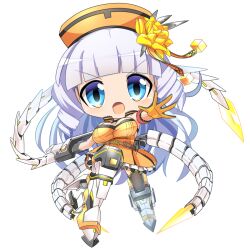 Rule 34 | 1girl, :o, armored boots, black thighhighs, blue eyes, blunt bangs, boots, breasts, character request, chibi, commentary request, dress, flower, frilled dress, frills, full body, gloves, grey hair, hair flower, hair ornament, hat, holding, holding whip, hop step jumpers, large breasts, lets0020, long hair, looking at viewer, medium bangs, nurse cap, open mouth, orange dress, simple background, solo, strapless, strapless dress, thighhighs, transparent background, v-shaped eyebrows, weapon, whip sword, yellow flower, yellow gloves, yellow hat
