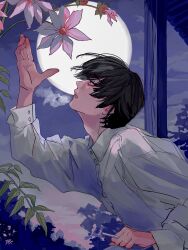Rule 34 | 1boy, arm up, black eyes, black hair, buttoned cuffs, buttons, cigarette, collared shirt, dahlia, evening, flower, from side, full moon, highres, holding, holding cigarette, kagoya1219, leaf, long sleeves, looking up, male focus, moon, original, parted lips, pink flower, profile, shirt, short hair, smoking, solo, twilight, white shirt