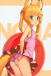 Rule 34 | 1girl, absurdres, adjusting clothes, adjusting swimsuit, animal ears, ass, bell, blonde hair, casual one-piece swimsuit, fox ears, fox tail, from behind, hair ornament, hairclip, highres, innertube, jingle bell, kemomimi oukoku kokuei housou, long hair, looking back, mikoko (kemomimi oukoku kokuei housou), one-piece swimsuit, pink one-piece swimsuit, solo, swim ring, swimsuit, swimsuit skirt, tail, tam-u, twintails, virtual youtuber