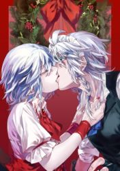 Rule 34 | 2girls, ascot, black vest, blouse, blue ascot, blue eyes, blue hair, braid, brooch, christmas wreath, closed eyes, collar grab, eyelashes, from side, hair between eyes, hair ribbon, highres, indoors, izayoi sakuya, jewelry, kiss, light blue hair, looking at another, maid headdress, multiple girls, nail polish, pink shirt, pointy ears, red ascot, red background, red nails, remilia scarlet, ribbon, sash, shirt, short hair, shouzuo, silver hair, sleeves rolled up, touhou, tress ribbon, twin braids, upper body, vest, white shirt, wreath, wrist cuffs, yuri