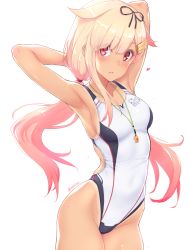 Rule 34 | 1girl, armpits, arms behind head, arms up, blonde hair, blush, breasts, collarbone, competition swimsuit, dan (kumadan), hair between eyes, hair flaps, hair ornament, hair ribbon, hairclip, heart, highleg, highleg swimsuit, highres, kantai collection, long hair, looking at viewer, low twintails, medium breasts, one-piece swimsuit, parted lips, red eyes, ribbon, simple background, solo, swimsuit, tan, twintails, whistle, whistle around neck, white background, white one-piece swimsuit, yuudachi (kancolle), yuudachi kai ni (kancolle)