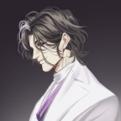 1boy black_hair character_request commentary formal_clothes grey_hair highres jacket light_and_night_love male_focus multicolored_hair portrait profile purple_sash sash shinkaifuyuki signature smile solo streaked_hair suit turtleneck two-tone_hair white_jacket white_suit