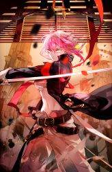 Rule 34 | 1girl, alchemy stars, armband, belt, black jacket, commentary request, highres, hiiro (alchemy stars), holding, holding sheath, holding sword, holding weapon, jacket, looking at viewer, navel, pants, pink hair, sakuramochi1003, sarashi, sheath, short hair, solo, standing, sword, tower, weapon, white pants, wind