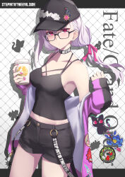 Rule 34 | 1girl, absurdres, bare shoulders, baseball cap, black camisole, black hat, black shorts, blush, breasts, camisole, choker, cleavage, coffee cup, collarbone, copyright name, cup, disposable cup, fate/grand order, fate (series), glasses, hair ribbon, hat, highres, hood, hooded jacket, jacket, kama (fate), kama (tour outfit) (fate), large breasts, long hair, long sleeves, looking at viewer, low twintails, midriff, nail polish, navel, off shoulder, pink nails, purple jacket, red eyes, ribbon, short shorts, shorts, solo, sweat, sweatdrop, thighs, twintails, white hair, yuniyuni