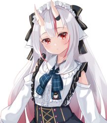 Rule 34 | 1girl, black bow, black skirt, blue bow, blush, bow, closed mouth, clothing cutout, collared shirt, commentary request, eyebrows hidden by hair, frilled shirt collar, frills, grey hair, hair bow, head tilt, hololive, horns, hot kakigoori, long hair, long sleeves, looking at viewer, multicolored hair, nakiri ayame, nakiri ayame (girly), oni, red eyes, red hair, shirt, shoulder cutout, simple background, skin-covered horns, skirt, solo, streaked hair, upper body, very long hair, virtual youtuber, white background, white shirt