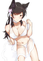 Rule 34 | 1girl, alternate costume, animal ears, arm support, atago (azur lane), atago (summer march) (azur lane), azur lane, bare shoulders, bikini, bikini tug, black hair, blush, bow, breasts, brown eyes, closed mouth, collarbone, extra ears, flower, groin, hair bow, hair flower, hair ornament, highres, kusubii, large breasts, leaning back, long hair, looking at viewer, mole, mole under eye, navel, one eye closed, ponytail, ribbon, sarong, see-through, sidelocks, simple background, sitting, skindentation, smile, solo, stomach, swimsuit, thighs, untied bikini, very long hair, white background, white bikini, white bow, white sarong, wrist ribbon