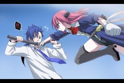 Rule 34 | !, !!, 1boy, 1girl, belt, blue eyes, blue hair, bokken, boots, bow, bowtie, gloves, kuu (0427), letterboxed, long hair, necktie, pink hair, pixiv master and servant, ponytail, punching, purple eyes, skirt, surprised, sword, thigh boots, thighhighs, weapon, white gloves, wooden sword, zettai ryouiki