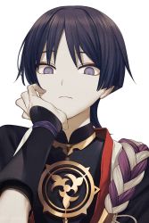 Rule 34 | 1boy, armor, black hair, chinikuniku, emblem, eyebrows hidden by hair, eyeliner, genshin impact, hair intakes, hand on own cheek, hand on own chin, hand on own face, highres, japanese armor, kote, kurokote, looking down, makeup, open clothes, open shirt, purple eyes, rope, scaramouche (genshin impact), shimenawa, solo, white background