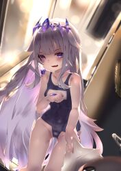 Rule 34 | 1girl, absurdres, blush, breasts, cameltoe, collarbone, colored inner hair, crown, gem, hair flaps, highres, hololive, hololive english, indoors, jewel under eye, koseki bijou, long hair, looking at viewer, multicolored hair, open mouth, pparus, purple eyes, purple hair, school swimsuit, small breasts, smile, swimsuit, thigh gap, very long hair, virtual youtuber