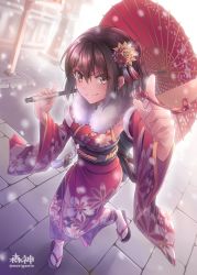 Rule 34 | 10s, 1girl, alternate costume, blush, brown eyes, brown hair, detached sleeves, furisode, hair ornament, highres, japanese clothes, kantai collection, kimono, looking at viewer, morigami (morigami no yashiro), obi, oil-paper umbrella, pointing, pointing at viewer, sandals, sash, sendai (kancolle), short hair, smile, snow, solo, tabi, two side up, umbrella, white legwear