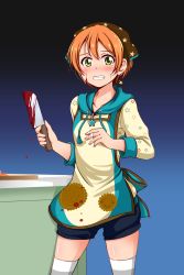 Rule 34 | 10s, 1girl, ^^^, apron, bandages, bandana, blood, blood on face, blood splatter, blush, carrot, caught, clenched teeth, cutting board, head scarf, highres, hood, hoshino ouka, hoshizora rin, knife, looking at viewer, love live!, love live! school idol festival, love live! school idol project, orange hair, short hair, shorts, solo, sweatdrop, tears, teeth, thighhighs, white thighhighs, yellow eyes