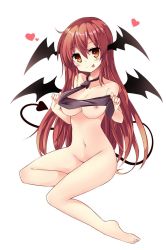 Rule 34 | 1girl, :p, arai togami, bad id, bad twitter id, bat wings, blush, breasts, collarbone, colorized, demon tail, head wings, heart, highres, koakuma, large breasts, long hair, maturiuta sorato, naked necktie, navel, necktie, nipples, nude, red eyes, red hair, simple background, smile, solo, tail, tongue, tongue out, touhou, wings
