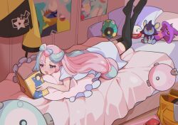 Rule 34 | 1girl, bed, bellibolt, black thighhighs, bow-shaped hair, brown eyes, character doll, character print, commentary request, creatures (company), dress, electrode (pokemon), electrodes, eyelashes, female focus, game freak, gen 4 pokemon, holding, holding magazine, indoors, iono (pokemon), jacket, long hair, luxio, lying, magazine (object), mismagius, mizuiro123, multicolored hair, nidothing, nintendo, on bed, on stomach, open mouth, pokemon, pokemon (anime), pokemon horizons, pokemon sv, poster (object), quaxly, reading, solo, star (symbol), star print, thighhighs, twintails, two-tone hair, unworn jacket, white dress, yellow jacket
