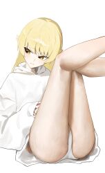 Rule 34 | 1girl, absurdres, alternate costume, bare legs, blonde hair, blush, closed mouth, commentary, eyelashes, feet out of frame, highres, hood, hood down, hoodie, kneepits, legs, legs up, long hair, looking to the side, monogatari (series), no pants, oshino shinobu, oversized clothes, panties, sidelocks, simple background, sleeves past wrists, solo, swept bangs, symbol-only commentary, tabulagami, thighs, underwear, white background, white hoodie, white panties, yellow eyes