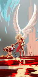 Rule 34 | 2boys, absurdres, adeptus astartes, angel, angel wings, armor, armored boots, axe, blonde hair, blood, blood angels, boots, breastplate, clip studio paint (medium), commentary, couter, cuirass, dante (warhammer 40k), english commentary, from side, gauntlets, gold armor, greaves, hair over face, highres, jadecarvis, jetpack, kneeling, leg armor, long hair, making-of available, male focus, multiple boys, outdoors, pauldrons, pelvic curtain, planted, planted axe, poleyn, power armor, primarch, rerebrace, sanguinius, shoulder armor, spread wings, standing, warhammer 40k, white wings, wings