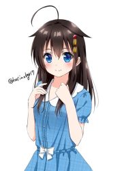 Rule 34 | 1girl, ahoge, alternate costume, alternate hairstyle, black hair, blue dress, blue eyes, center frills, dress, frills, hair down, hair flaps, hoshino kagari, kantai collection, looking at viewer, plaid, plaid dress, shigure (kancolle), shigure kai ni (kancolle), simple background, smile, solo, twitter username, unmoving pattern, upper body, white background
