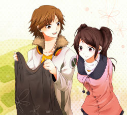 Rule 34 | 1boy, 1girl, arms behind back, bad id, bad pixiv id, brown eyes, brown hair, chago, coat, earrings, flower (symbol), fur trim, hanamura yousuke, headphones, headphones around neck, holding, holding clothes, jacket, jewelry, kujikawa rise, long hair, necklace, open mouth, persona, persona 4, pink eyes, polka dot, polka dot background, shopping, smile, twintails