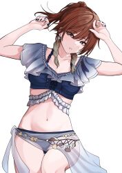 Rule 34 | 1girl, absurdres, aketa mikoto, bikini, blue bikini, braid, breasts, brown hair, collarbone, earrings, fingernails, highres, idolmaster, idolmaster shiny colors, jewelry, light brown hair, looking at viewer, lying, medium breasts, nail polish, navel, on back, ring, sarong, see-through sarong, simple background, solo, stomach, swimsuit, t.r, white background