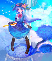 Rule 34 | 1girl, bird, black hat, blue hair, blue skirt, boots, bow, brown footwear, cloud, commentary, erty113, food, frills, fruit, gloves, hat, highres, hinanawi tenshi, keystone, long hair, peach, rainbow, red bow, red eyes, rope, shide, shimenawa, shirt, short sleeves, skirt, skirt hold, sky, smile, solo, sword of hisou, touhou, tree, water, waterfall, white shirt