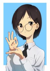 Rule 34 | 1girl, absurdres, black necktie, blue background, breasts, brown eyes, brown hair, closed mouth, commentary, commentary request, copyright request, formal, glasses, hands up, highres, jaggy lines, long sleeves, looking at viewer, mogege gk, necktie, ok sign, portrait, shirt, short hair, simple background, solo, white shirt