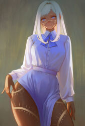Rule 34 | 1girl, blue eyes, blue necktie, body markings, breasts, buttons, contrapposto, cowboy shot, dark-skinned female, dark skin, dress, green background, hand on own hip, highres, large breasts, light smile, long hair, long sleeves, looking at viewer, necktie, original, parted bangs, pinky out, see-through, see-through sleeves, shchrit, side slit, sidelighting, sidelocks, solo, tattoo, tribal print, tribal tattoo, white dress, white hair