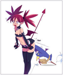 Rule 34 | 1girl, absurdres, bat wings, belt, bird, boots, breasts, collar, demon girl, demon tail, disgaea, earrings, elbow gloves, etna (disgaea), gloves, highres, jewelry, kanchou, miniskirt, open mouth, optionaltypo, penguin, pointy ears, prinny, pun, red eyes, red hair, short hair, short twintails, skirt, skull earrings, slit pupils, small breasts, symbol in eye, tail, thigh boots, thighhighs, twintails, v-shaped eyebrows, white background, wings