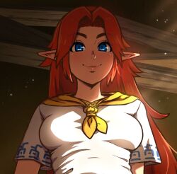 Rule 34 | 1girl, akairiot, blue eyes, breasts, brown background, closed mouth, hair intakes, highres, long hair, malon, medium breasts, nintendo, orange scarf, pointy ears, red hair, scarf, short sleeves, smile, solo, the legend of zelda, the legend of zelda: ocarina of time, upper body, wood