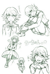 Rule 34 | 10s, 1boy, ass, at (kuru969ma), bad id, bad pixiv id, character sheet, danganronpa: trigger happy havoc, danganronpa (series), closed eyes, fujisaki chihiro, green theme, looking at viewer, male focus, monochrome, multiple views, open mouth, short hair, simple background, skirt, smile, tears, trap, white background, wings