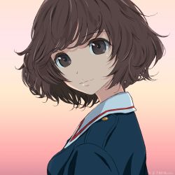 Rule 34 | 10s, 1girl, akagi (fmttps), akiyama yukari, artist name, blue jacket, brown eyes, brown hair, closed mouth, commentary, from side, girls und panzer, gradient background, head tilt, jacket, light smile, lips, looking at viewer, messy hair, military, military uniform, one-hour drawing challenge, ooarai military uniform, portrait, short hair, smile, solo, twitter username, uniform