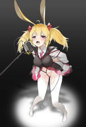 Rule 34 | 1girl, absurdres, animal ears, arknights, arms behind back, black background, blonde hair, blush, bow, breasts, frilled skirt, frills, hair bow, hair ribbon, half-closed eyes, highres, medium breasts, microphone, necktie, object insertion, open mouth, pantyhose, pop filter, pussy juice, pussy juice puddle, rabbit ears, red bow, red necktie, red ribbon, red skirt, restrained, ribbon, saliva, sex toy, shibari, shibari over clothes, shinnasuka025, skirt, solo, sora (arknights), sora (elite ii) (arknights), spotlight, sweat, torn clothes, torn pantyhose, twintails, vaginal, vaginal object insertion, vibrator, vibrator cord, white pantyhose