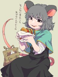 Rule 34 | 1girl, an-chan (ananna0315), animal ears, bag, black eyes, black skirt, blush stickers, bread bun, brown eyes, burger, capelet, cheese, food, food on face, food wrapper, grey hair, hamster, highres, holding, holding food, lettuce, licking lips, medium hair, mouse ears, mouse tail, nazrin, open mouth, short sleeves, skirt, tail, tan background, tomato, tongue, tongue out, touhou, translated, wrapper