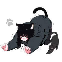 Rule 34 | 1girl, animal ears, black cat, black hair, black thighhighs, blunt bangs, blush, cat, cat ears, cat girl, cat stretch, cat tail, closed eyes, dot nose, full body, grey hoodie, highres, hood, hoodie, megateru, nose blush, original, oversized clothes, paw print, solo, stretching, tail, thighhighs, white background