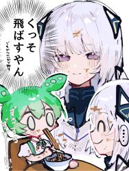 Rule 34 | ..., 2girls, ^ ^, angry, blue shirt, cevio, chair, chopsticks, closed eyes, closed mouth, curry udon, eating, emphasis lines, food, food on face, green hair, green suspenders, hair over shoulder, half-closed eyes, highres, holding, holding chopsticks, jacket, kafu (cevio), kamitsubaki studio, low twintails, medium hair, moumin (mo m 0629), multiple girls, multiple views, neck ribbon, noodles, pink ribbon, profile, purple eyes, ribbon, shirt, short hair, short sleeves, simple background, slurping, smile, swept bangs, table, thought bubble, translated, triangle hair ornament, turtleneck, twintails, twitter username, voiceroid, voicevox, white background, white eyes, white hair, white jacket, white shirt, zundamon