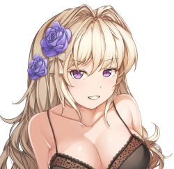 Rule 34 | 1girl, blonde hair, bra, breasts, cleavage, flower, hair flower, hair intakes, hair ornament, hallohi, highres, lace, lace-trimmed bra, lace trim, large breasts, long hair, looking at viewer, original, purple eyes, red eyes, smile, solo, underwear, upper body, white background