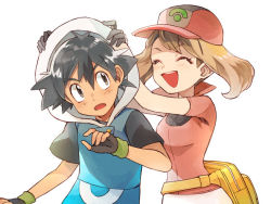 Rule 34 | 1boy, 1girl, ash ketchum, baseball cap, black gloves, black hair, brown hair, closed eyes, collared shirt, commentary request, creatures (company), eyelashes, fanny pack, fingerless gloves, game freak, gloves, hair between eyes, happy, hat, holding, hood, hood up, may (pokemon), nintendo, open mouth, pokemon, pokemon (anime), pokemon rse (anime), red shirt, sasairebun, shirt, short sleeves, teeth, white background