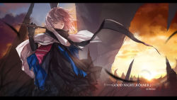 Rule 34 | 1girl, artist name, asymmetric gloves, asymmetrical gloves, bad id, bad pixiv id, cape, closed eyes, english text, flute, gloves, holding, instrument, letterboxed, light brown hair, music, pixiv fantasia, pixiv fantasia fallen kings, playing instrument, scarf, short hair, sketch, sunset, swd3e2, text focus, uneven gloves, wind
