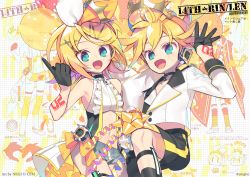 Rule 34 | 1boy, 1girl, anniversary, aqua eyes, balloon, bass clef, black gloves, black shorts, blazer, blonde hair, bow, clothing cutout, copyright notice, crown, floral bow, fortissimo, frills, gloves, hair bow, halftone, highres, jacket, kagamine len, kagamine rin, lapels, looking at viewer, micro shorts, midriff peek, negi (ulog&#039;be), notched lapels, official art, open mouth, short ponytail, shorts, sleeveless, smile, spiked hair, stomach cutout, treble clef, two-sided shorts, two-tone bow, vocaloid