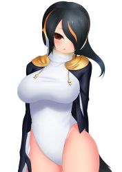 Rule 34 | 1girl, absurdres, arm behind back, black hair, blush, breasts, brown eyes, cowboy shot, cropped jacket, deku suke, drawstring, emperor penguin (kemono friends), hair over one eye, headphones, heattech leotard, highleg, highleg leotard, highres, hood, hooded jacket, jacket, kemono friends, large breasts, leotard, long hair, looking at viewer, multicolored hair, open clothes, open jacket, orange hair, parted lips, simple background, solo, streaked hair, tail, turtleneck, two-tone hair, white background, white leotard