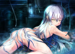 Rule 34 | 1girl, altina orion, ass, commentary request, eiyuu densetsu, gc3, green eyes, hair between eyes, hair censor, industrial pipe, long hair, looking at viewer, looking back, lying, nude, on stomach, parted lips, partially visible vulva, sen no kiseki, silver hair, solo, very long hair, wet, wet hair