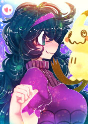 Rule 34 | 1girl, @ @, black hair, blue eyes, breasts, clenched hand, creatures (company), curly hair, dress, from side, game freak, gen 7 pokemon, grin, hair between eyes, hairband, hakkasame, hand up, headband, heart, hex maniac (pokemon), light blush, long hair, looking at animal, looking at another, medium breasts, mimikyu, nintendo, pokemon, pokemon (creature), pokemon xy, puffy short sleeves, puffy sleeves, purple background, purple dress, purple hairband, purple headband, purple sweater, ribbed sweater, ringed eyes, short sleeves, sidelocks, simple background, smile, spider web print, spoken heart, sweater, tagme, turtleneck, turtleneck sweater, upper body, wavy mouth, wide-eyed