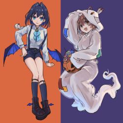 Rule 34 | 2girls, :d, ahoge, bat wings, blue eyes, blue hair, blue ribbon, boomei (nanashi mumei), boots, boros (ouro kronii), bow, bow earrings, brown eyes, brown hair, candy, collared shirt, dress shirt, earrings, fangs, food, ghost costume, hair intakes, halloween, halloween bucket, heart-shaped gem, highres, hololive, hololive english, hood, jewelry, kisuu (oddnumberr ), kneehighs, looking at viewer, low wings, multicolored hair, multiple girls, nanashi mumei, onesie, open mouth, ouro kronii, patchwork clothes, ribbon, shirt, short hair, shorts, simple background, smile, socks, streaked hair, suspender shorts, suspenders, teeth, two-tone background, upper teeth only, virtual youtuber, white shirt, wings