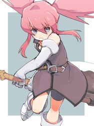 Rule 34 | 1girl, axe, azuma yukihiko, belt, belt buckle, black dress, black shorts, blue background, blue eyes, boots, border, buckle, commentary, detached sleeves, dress, foot out of frame, frown, glaring, highres, holding, holding axe, huge weapon, leg up, long hair, pink hair, presea combatir, shorts, shorts under dress, simple background, solo, tales of (series), tales of symphonia, twintails, weapon, white footwear, white sleeves