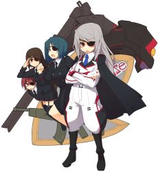 Rule 34 | 10s, 4girls, black hair, boots, brown hair, character request, clarissa harfouch, coat, crossed arms, eyepatch, green hair, grey hair, highres, infinite stratos, laura bodewig, long hair, military, military uniform, multiple girls, nantacky2000, open mouth, salute, thighhighs, uniform