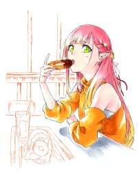 Rule 34 | 1girl, absurdres, arm on table, bare shoulders, braid, cottage project, crown braid, cup, doughnut, eating, food, green eyes, hair ribbon, highres, hinano ui, ken&#039;ichi (ken1ro u), limited palette, looking at viewer, multicolored hair, orange shirt, pink hair, pointy ears, ribbon, shirt, sitting, solo, two-tone hair, virtual youtuber