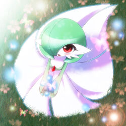 Rule 34 | 1girl, blush, bob cut, bug, butterfly, creatures (company), dress, game freak, gardevoir, gen 3 pokemon, glowing, grass, green hair, hair over one eye, insect, looking at viewer, looking up, nintendo, open mouth, pokemon, pokemon (creature), red eyes, shiratsuki (royal moon), white dress
