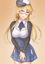 Rule 34 | 1girl, anti (untea9), blonde hair, blue skirt, breasts, commentary request, covering privates, covering crotch, cowboy shot, dress shirt, flying sweatdrops, glasses, gradient background, green eyes, heart lock (kantai collection), highres, hip vent, kantai collection, large breasts, long hair, looking at viewer, medal, military, military uniform, northampton (kancolle), pleated skirt, shirt, skirt, solo, twitter username, uniform, v arms, white headwear, yellow background