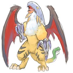 Rule 34 | artist request, claws, digimon, digimon (creature), griffomon, griffon, helmet, looking at viewer, multiple heads, open mouth, sharp teeth, snake tail, solo, split, standing, standing on one leg, standing split, tail, teeth, wings, yellow eyes